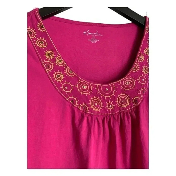 Kim Rogers Hot Pink Shirt Size 1X with Embroidered Suns Boho - Picture 3 of 8